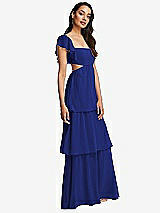 Side View Thumbnail - Cobalt Blue Flutter Sleeve Cutout Tie-Back Maxi Dress with Tiered Ruffle Skirt