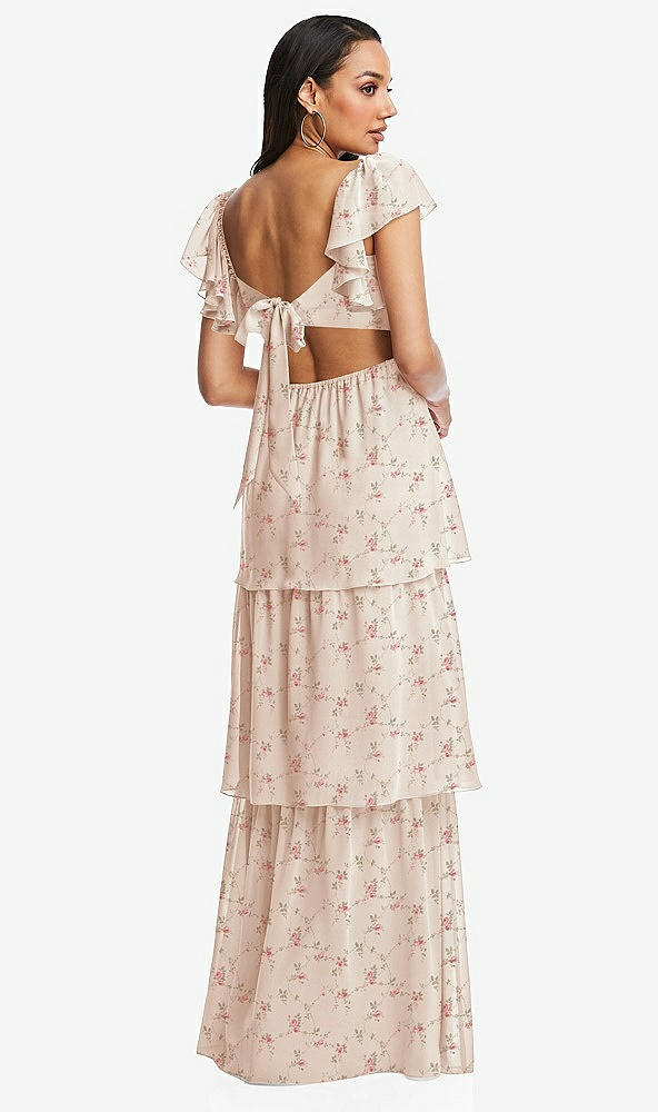 Back View - Coquette Floral Print Flutter Sleeve Cutout Tie-Back Maxi Dress with Tiered Ruffle Skirt