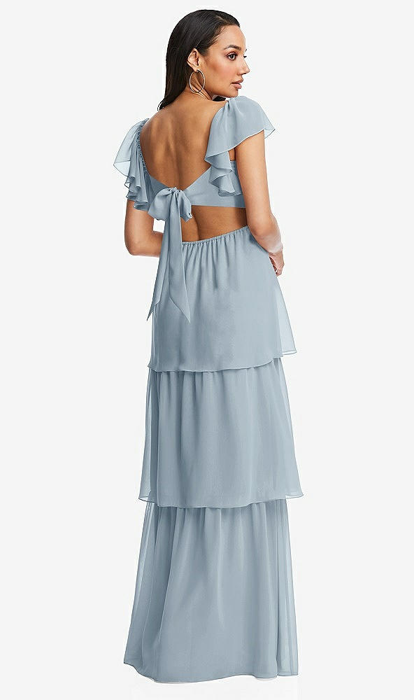 Back View - Mist Flutter Sleeve Cutout Tie-Back Maxi Dress with Tiered Ruffle Skirt