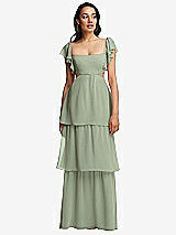 Front View Thumbnail - Sage Flutter Sleeve Cutout Tie-Back Maxi Dress with Tiered Ruffle Skirt