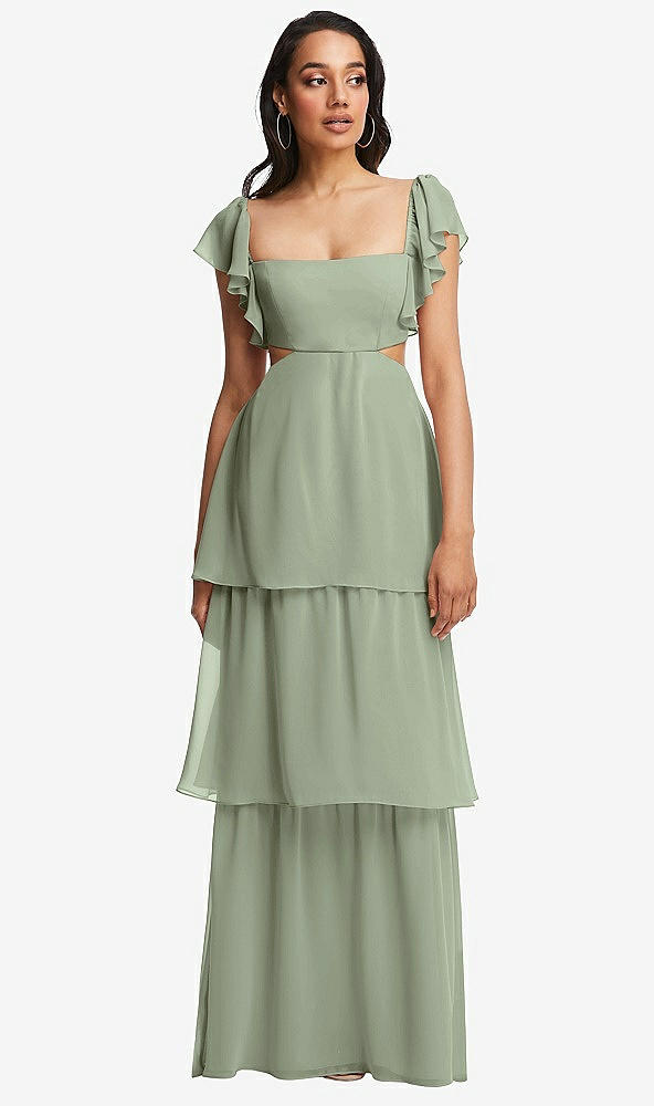 Front View - Sage Flutter Sleeve Cutout Tie-Back Maxi Dress with Tiered Ruffle Skirt