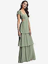 Side View Thumbnail - Sage Flutter Sleeve Cutout Tie-Back Maxi Dress with Tiered Ruffle Skirt