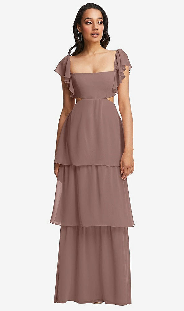 Front View - Sienna Flutter Sleeve Cutout Tie-Back Maxi Dress with Tiered Ruffle Skirt