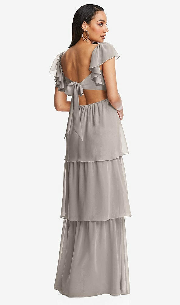 Back View - Taupe Flutter Sleeve Cutout Tie-Back Maxi Dress with Tiered Ruffle Skirt