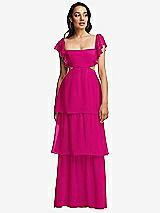 Front View Thumbnail - Think Pink Flutter Sleeve Cutout Tie-Back Maxi Dress with Tiered Ruffle Skirt