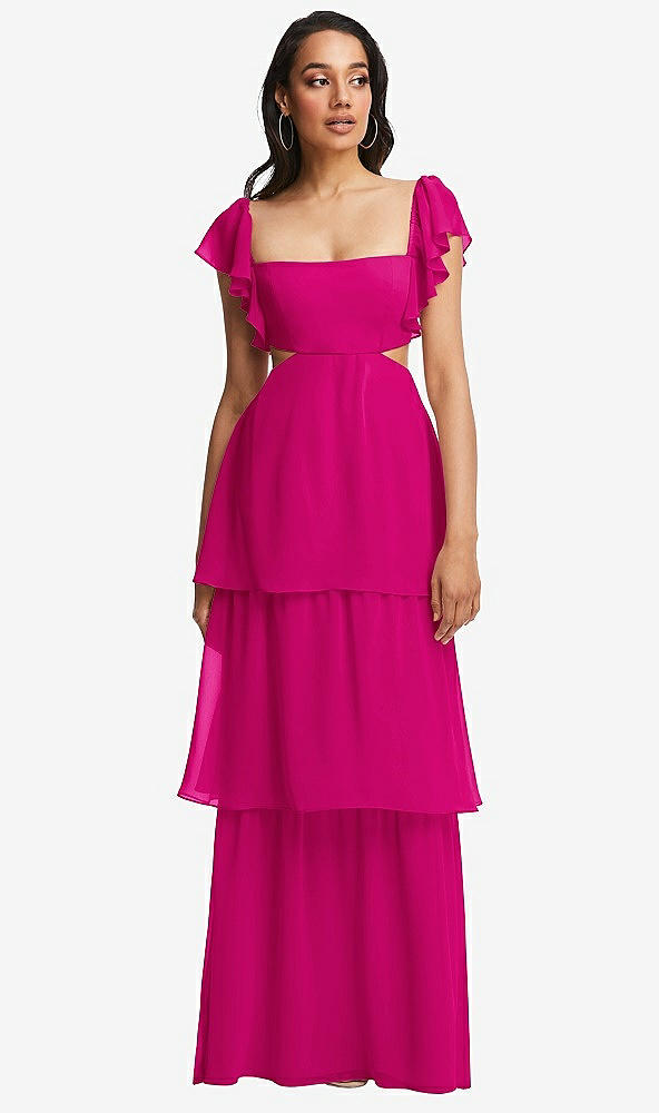 Front View - Think Pink Flutter Sleeve Cutout Tie-Back Maxi Dress with Tiered Ruffle Skirt