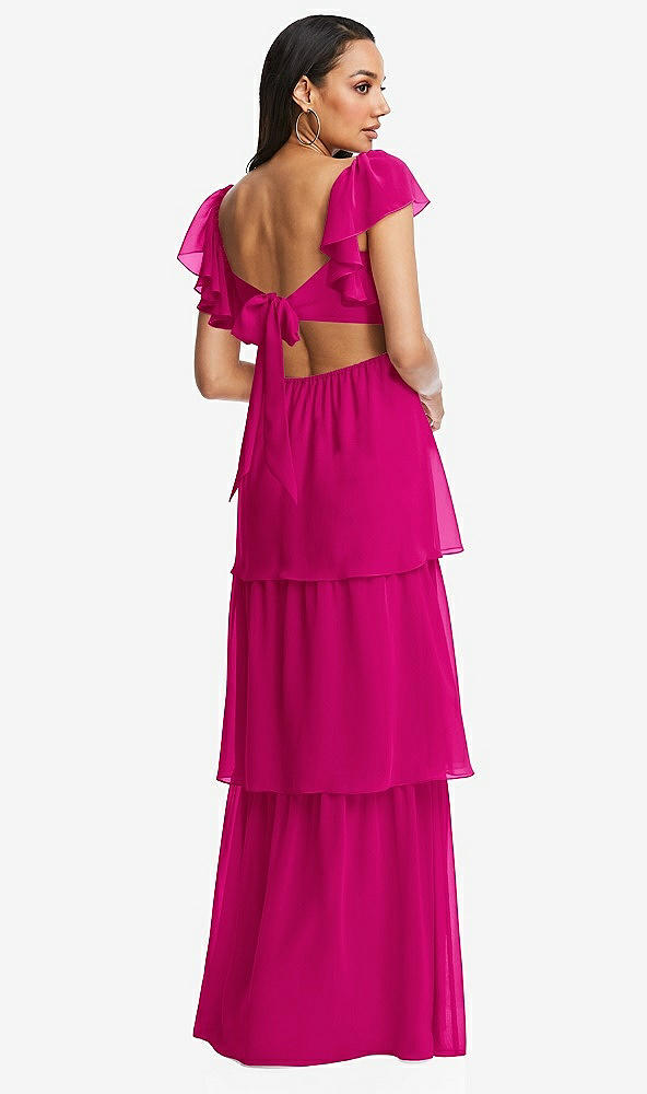 Back View - Think Pink Flutter Sleeve Cutout Tie-Back Maxi Dress with Tiered Ruffle Skirt