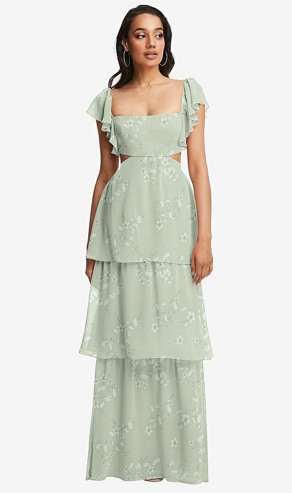 Front View - Vintage Primrose Sage Flutter Sleeve Cutout Tie-Back Maxi Dress with Tiered Ruffle Skirt