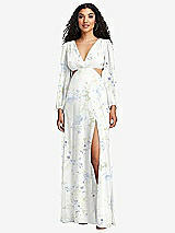 Front View Thumbnail - Bleu Garden Long Puff Sleeve Cutout Waist Chiffon Maxi Dress 