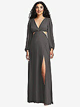 Front View Thumbnail - Caviar Gray Long Puff Sleeve Cutout Waist Chiffon Maxi Dress 