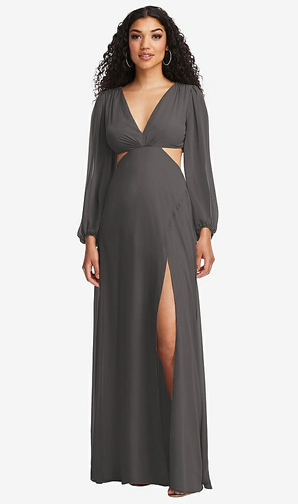 Front View - Caviar Gray Long Puff Sleeve Cutout Waist Chiffon Maxi Dress 