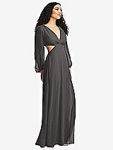 Side View Thumbnail - Caviar Gray Long Puff Sleeve Cutout Waist Chiffon Maxi Dress 