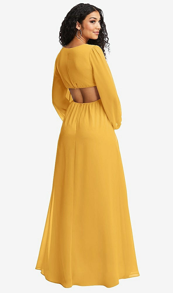 Back View - NYC Yellow Long Puff Sleeve Cutout Waist Chiffon Maxi Dress 