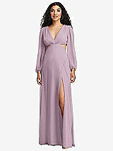 Front View Thumbnail - Suede Rose Long Puff Sleeve Cutout Waist Chiffon Maxi Dress 