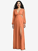 Front View Thumbnail - Sweet Melon Long Puff Sleeve Cutout Waist Chiffon Maxi Dress 