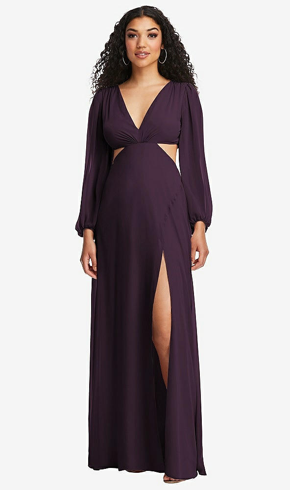 Front View - Aubergine Long Puff Sleeve Cutout Waist Chiffon Maxi Dress 