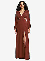 Front View Thumbnail - Auburn Moon Long Puff Sleeve Cutout Waist Chiffon Maxi Dress 