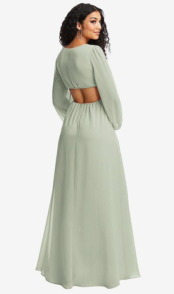 Back View - Celadon Long Puff Sleeve Cutout Waist Chiffon Maxi Dress 