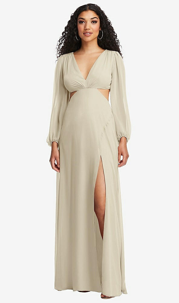 Front View - Champagne Long Puff Sleeve Cutout Waist Chiffon Maxi Dress 