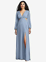 Front View Thumbnail - Cloudy Long Puff Sleeve Cutout Waist Chiffon Maxi Dress 