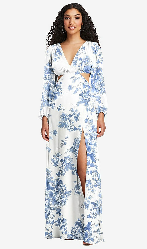 Front View - Cottage Rose Dusk Blue Long Puff Sleeve Cutout Waist Chiffon Maxi Dress 