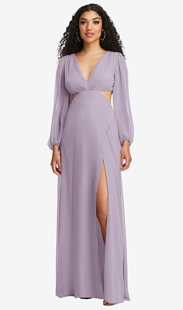 Front View - Lilac Haze Long Puff Sleeve Cutout Waist Chiffon Maxi Dress 