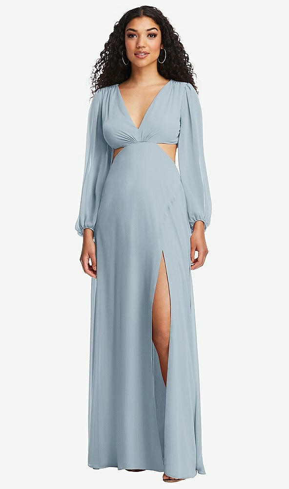 Front View - Mist Long Puff Sleeve Cutout Waist Chiffon Maxi Dress 