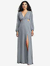 Front View Thumbnail - Platinum Long Puff Sleeve Cutout Waist Chiffon Maxi Dress 