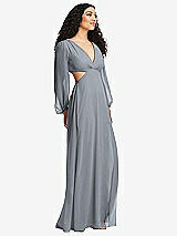 Side View Thumbnail - Platinum Long Puff Sleeve Cutout Waist Chiffon Maxi Dress 