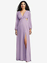 Front View Thumbnail - Pale Purple Long Puff Sleeve Cutout Waist Chiffon Maxi Dress 