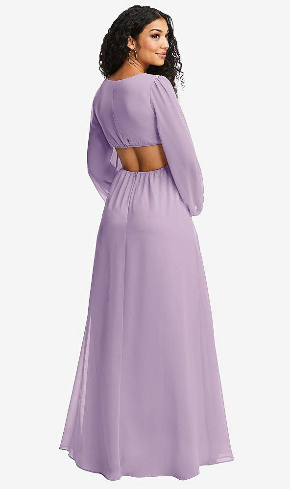 Back View - Pale Purple Long Puff Sleeve Cutout Waist Chiffon Maxi Dress 