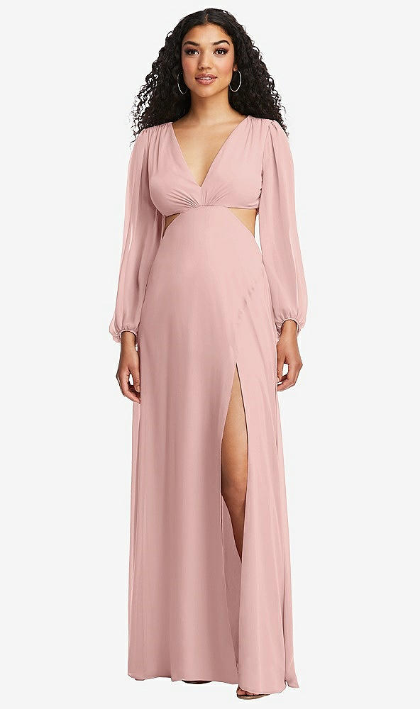 Front View - Rose - PANTONE Rose Quartz Long Puff Sleeve Cutout Waist Chiffon Maxi Dress 