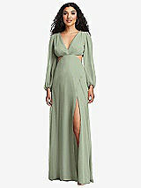 Front View Thumbnail - Sage Long Puff Sleeve Cutout Waist Chiffon Maxi Dress 