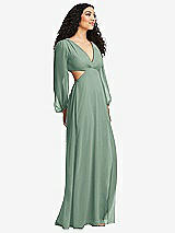 Side View Thumbnail - Seagrass Long Puff Sleeve Cutout Waist Chiffon Maxi Dress 