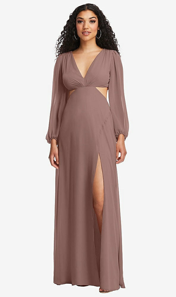 Front View - Sienna Long Puff Sleeve Cutout Waist Chiffon Maxi Dress 