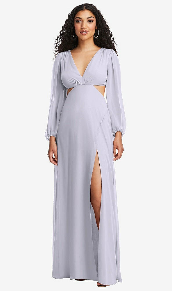 Front View - Silver Dove Long Puff Sleeve Cutout Waist Chiffon Maxi Dress 