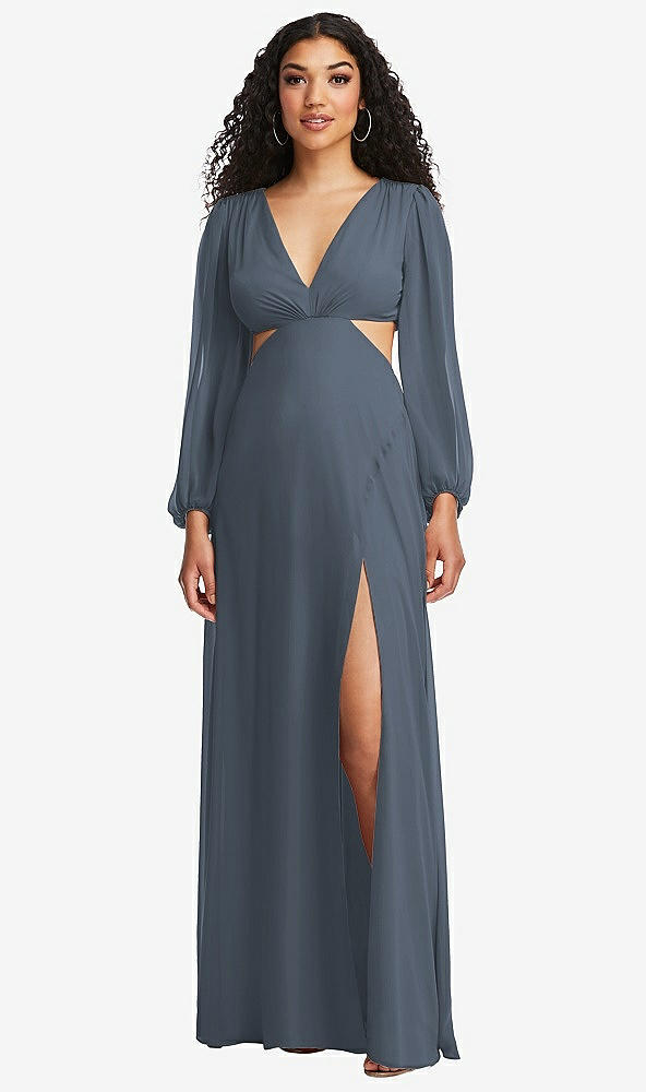 Front View - Silverstone Long Puff Sleeve Cutout Waist Chiffon Maxi Dress 