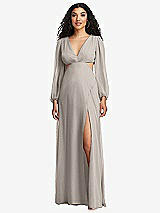 Front View Thumbnail - Taupe Long Puff Sleeve Cutout Waist Chiffon Maxi Dress 