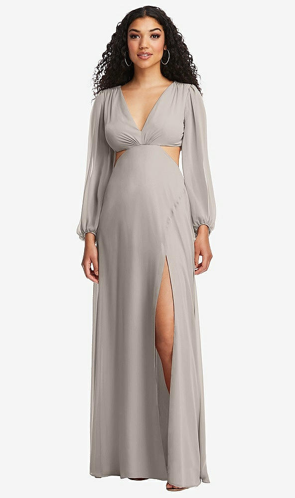 Front View - Taupe Long Puff Sleeve Cutout Waist Chiffon Maxi Dress 