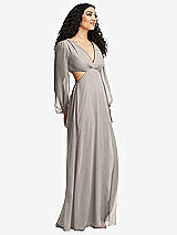 Side View Thumbnail - Taupe Long Puff Sleeve Cutout Waist Chiffon Maxi Dress 