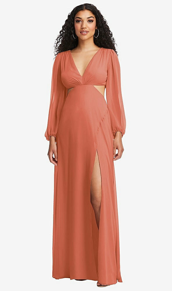 Front View - Terracotta Copper Long Puff Sleeve Cutout Waist Chiffon Maxi Dress 