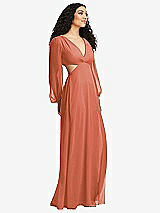 Side View Thumbnail - Terracotta Copper Long Puff Sleeve Cutout Waist Chiffon Maxi Dress 