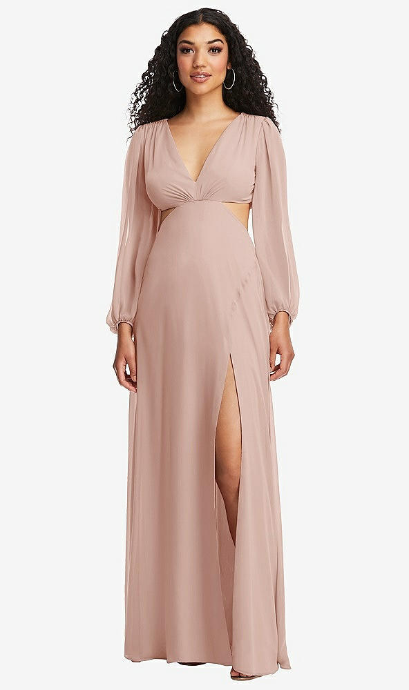 Front View - Toasted Sugar Long Puff Sleeve Cutout Waist Chiffon Maxi Dress 