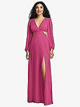 Front View Thumbnail - Tea Rose Long Puff Sleeve Cutout Waist Chiffon Maxi Dress 