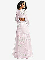 Rear View Thumbnail - Watercolor Print Long Puff Sleeve Cutout Waist Chiffon Maxi Dress 