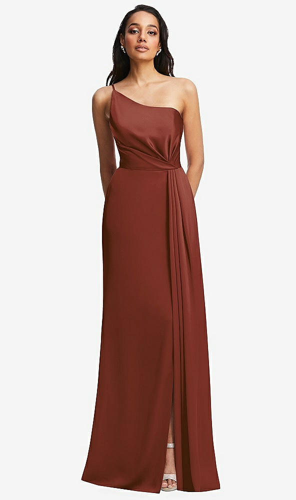 Front View - Auburn Moon One-Shoulder Draped Skirt Satin Trumpet Gown