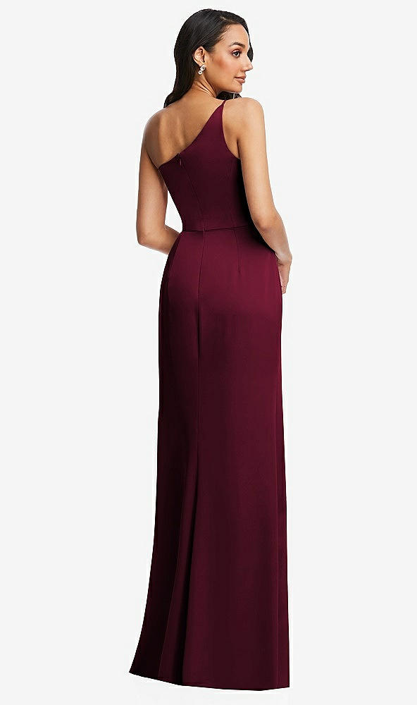 Back View - Cabernet One-Shoulder Draped Skirt Satin Trumpet Gown