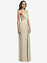 Side View Thumbnail - Champagne One-Shoulder Draped Skirt Satin Trumpet Gown