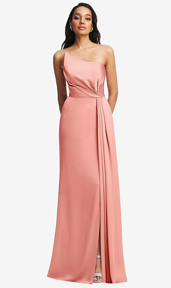 Front View - Rose - PANTONE Rose Quartz One-Shoulder Draped Skirt Satin Trumpet Gown