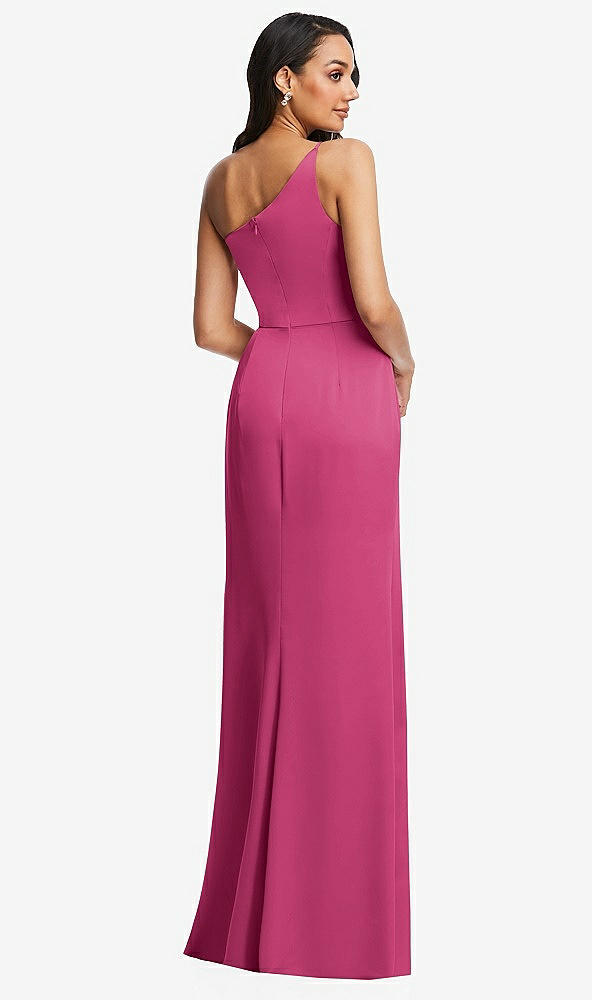 Back View - Tea Rose One-Shoulder Draped Skirt Satin Trumpet Gown